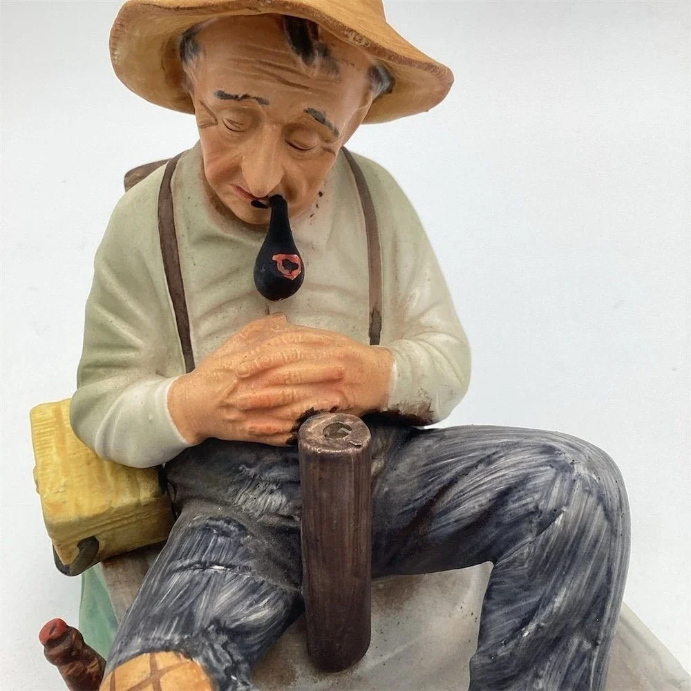 Vintage Ceramic Sleeping Fisherman with Dog‎ Figurine Nautical Decor
